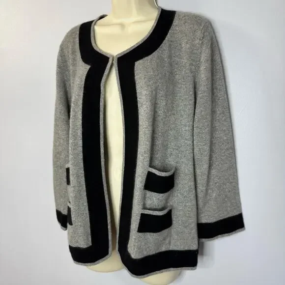 Neiman Marcus Cashmere Grey Black Trim Cardigan Sweater Feminist Luxury Womens L - Picture 5 of 9